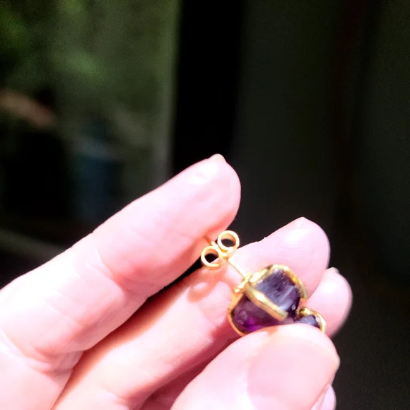 Amethyst Pyramid nugget earrings sterling &gold - Picture 4 of 8